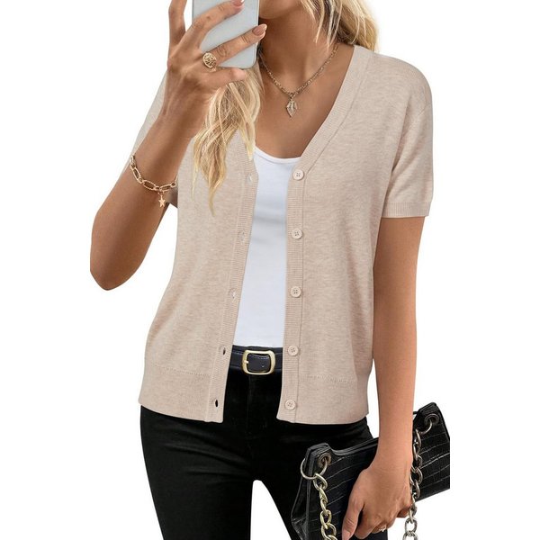 Arach&Cloz Cardigan Damen Wool Blend Strickjacke Kurz Cardigan V-Ausschnitt Strickmantel Knit Bolero mit Knopf