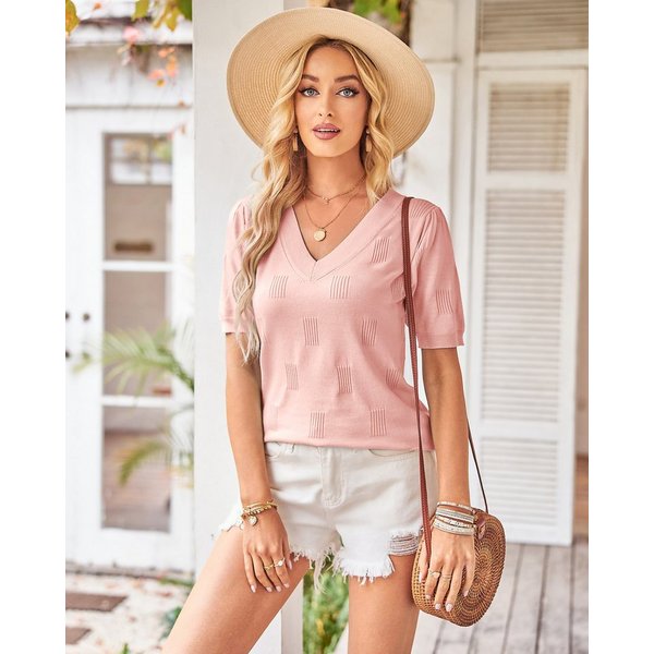 Arach&Cloz Kurzarmpullover Damen Kurzarmpullover V-Ausschnitt-Pullover Sommer Frühling Bluse Strickpullover Basic Oberteile Strick Tops