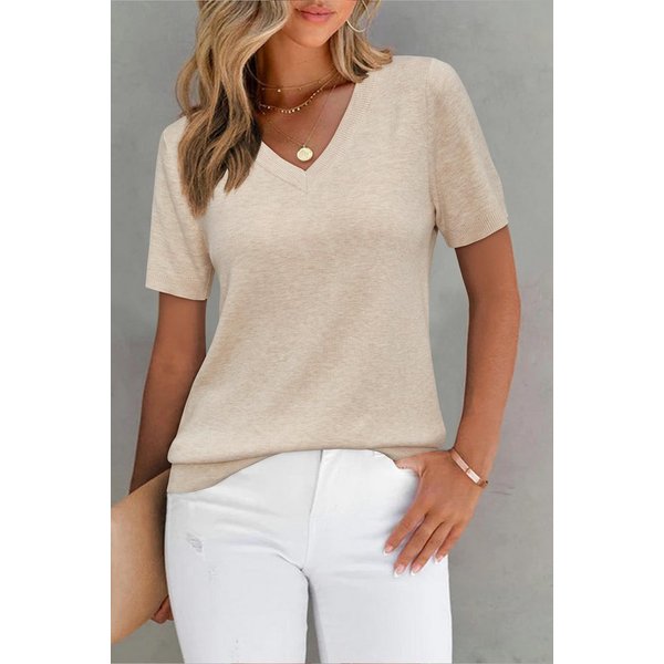 Arach&Cloz Kurzarmpullover Damen Pullover Wollmischung Kurzarm V Ausschnitt Basic-Pullover