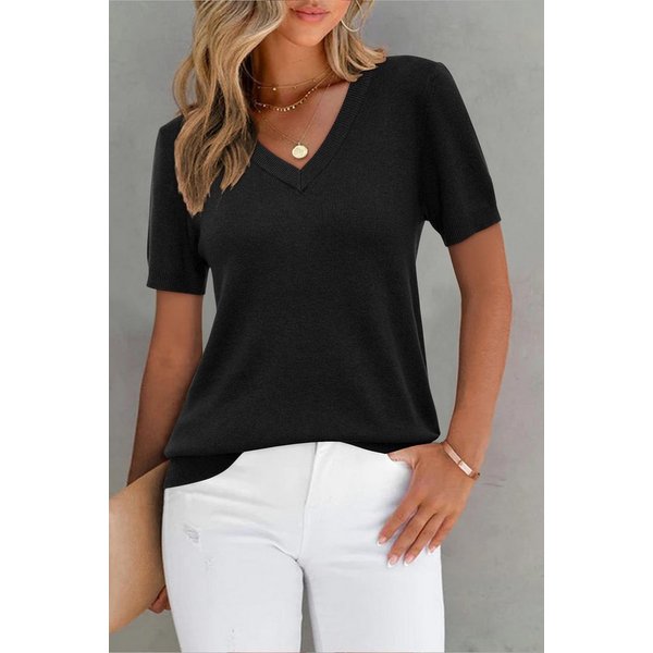 Arach&Cloz Kurzarmpullover Damen Pullover Wollmischung Kurzarm V Ausschnitt Basic-Pullover