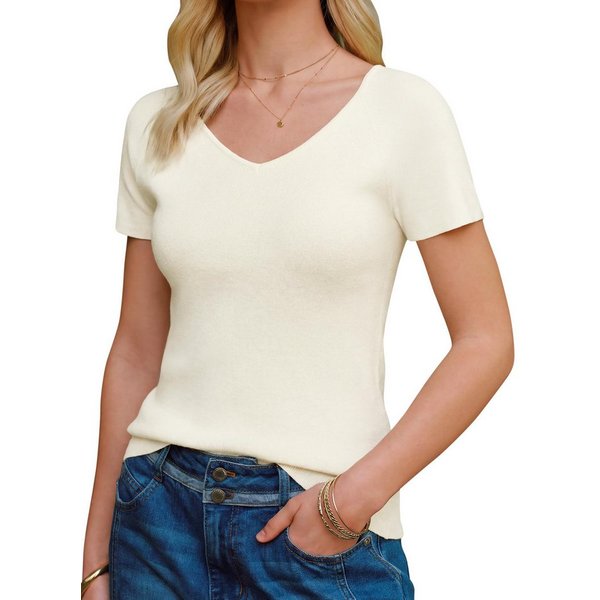Arach&Cloz Kurzarmshirt Damen Kurzarm Strickpullover V-Ausschnitt Leichtes Atmungsaktives Business Casual Oberteil