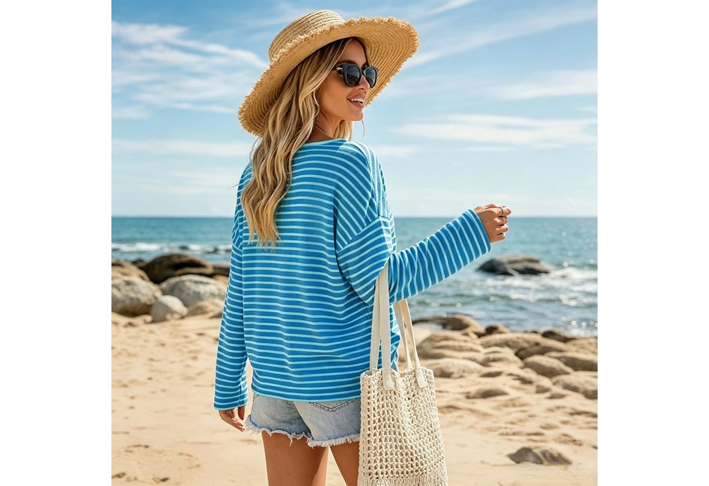 Arach&Cloz Langarmshirt Damen Oversize Shirt, Gestreiftes Off-Shoulder Top für Sommer und Urlaub – Bild 4 von 5