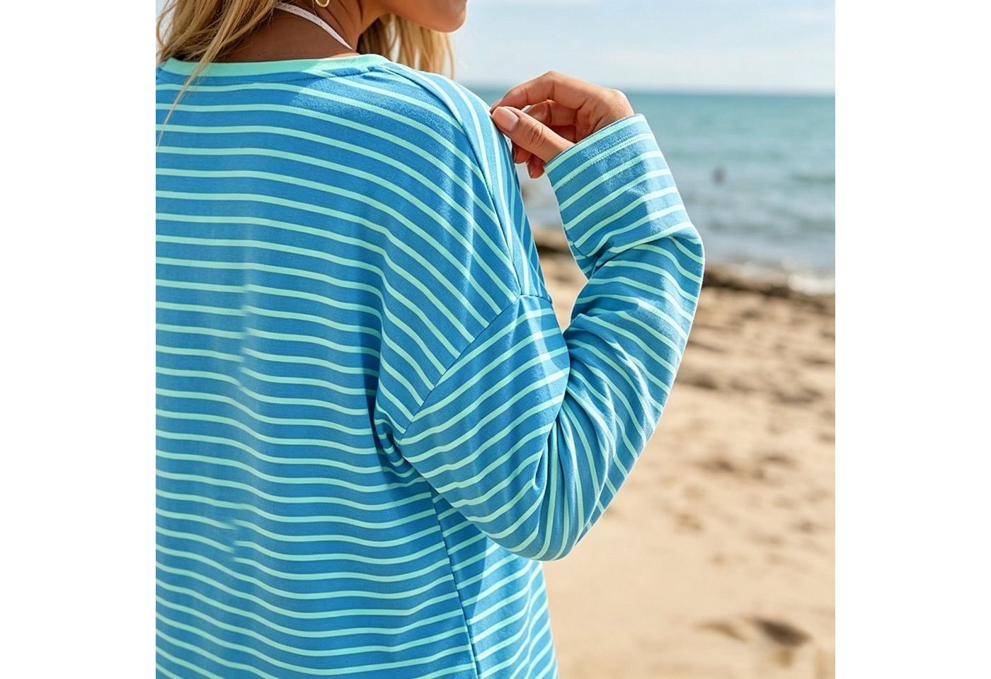 Arach&Cloz Langarmshirt Damen Oversize Shirt, Gestreiftes Off-Shoulder Top für Sommer und Urlaub – Bild 5 von 5