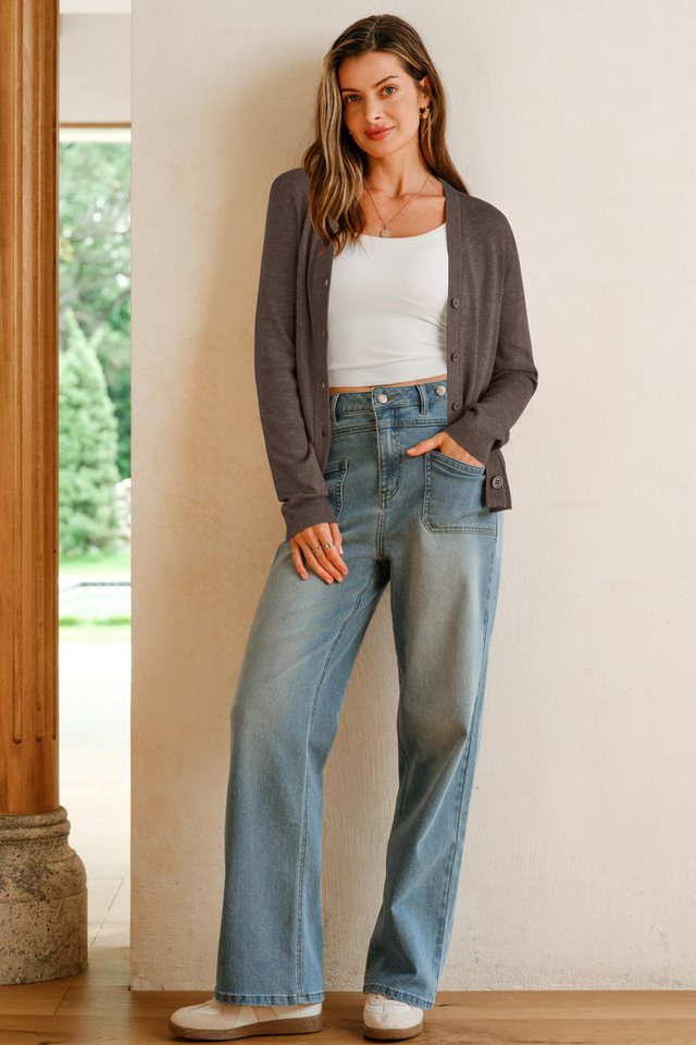 Arach&Cloz Strickjacke Damen Langarm Solid Strickjacken Leichter Cardigan mit V-Ausschnitt – Bild 5 von 5