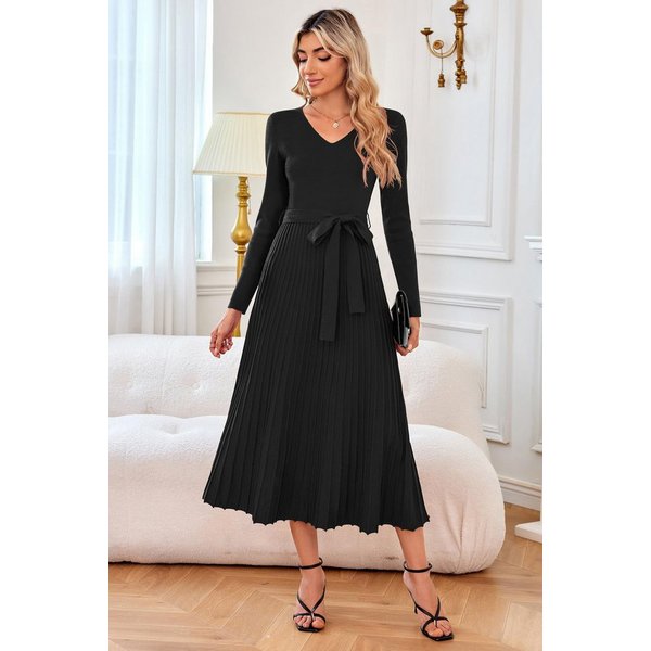Arach&Cloz Strickkleid Damen Pulloverkleid Herbst Winterkleid Lang Plissee V-Ausschnitt Langarm Elegant Midi Kleider Winter