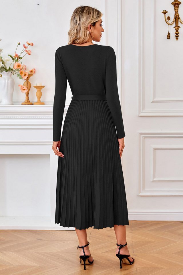 Arach&Cloz Strickkleid Damen Pulloverkleid Herbst Winterkleid Lang Plissee V-Ausschnitt Langarm Elegant Midi Kleider Winter – Bild 4 von 5