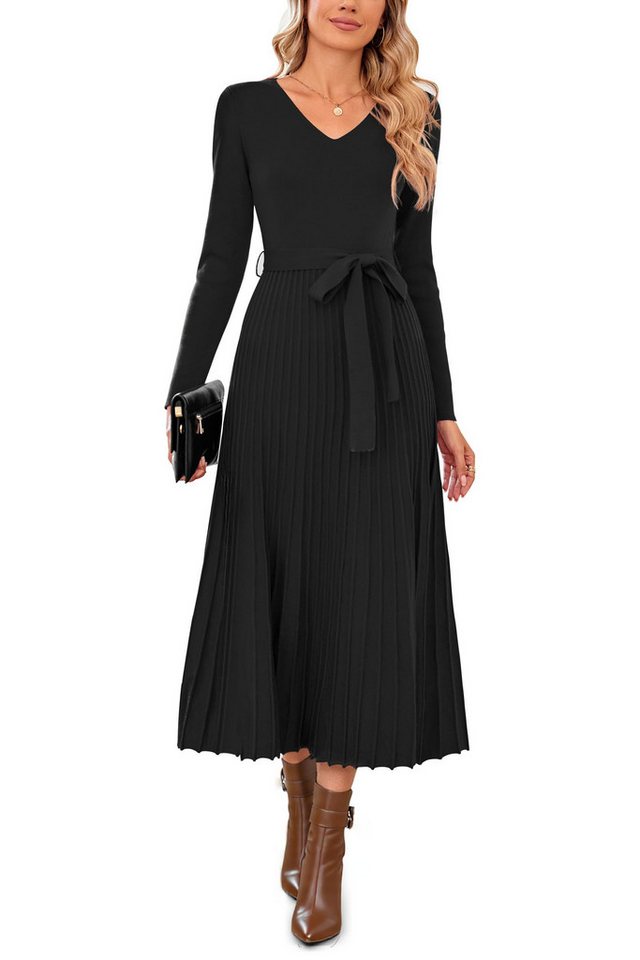Arach&Cloz Strickkleid Damen Pulloverkleid Herbst Winterkleid Lang Plissee V-Ausschnitt Langarm Elegant Midi Kleider Winter – Bild 5 von 5