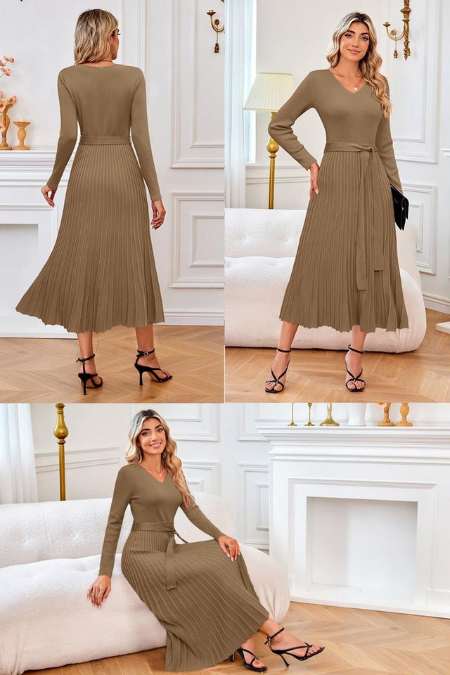 Arach&Cloz Strickkleid Damen Pulloverkleid Herbst Winterkleid Lang Plissee V-Ausschnitt Langarm Elegant Midi Kleider Winter – Bild 2 von 5