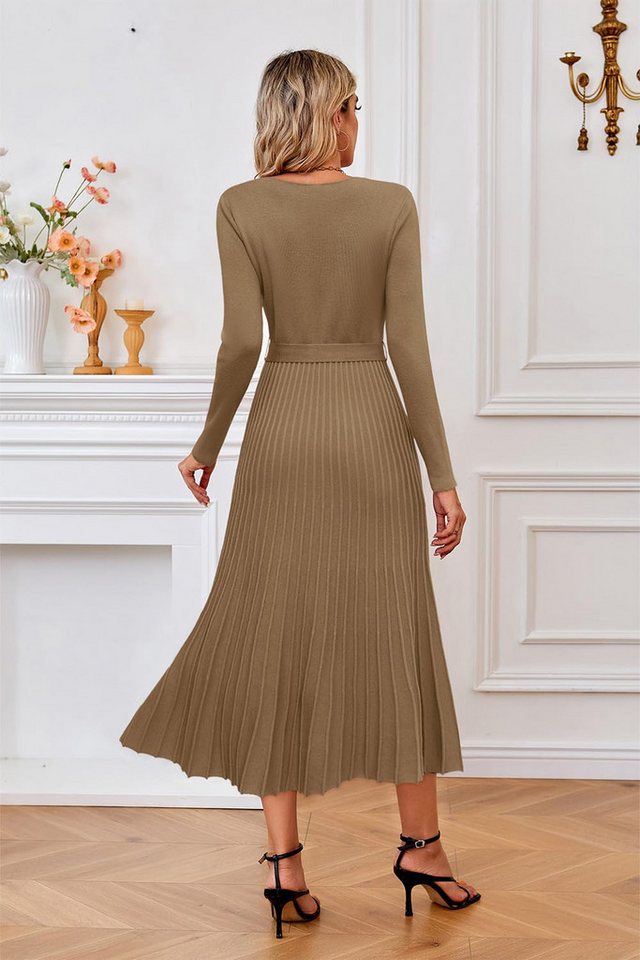 Arach&Cloz Strickkleid Damen Pulloverkleid Herbst Winterkleid Lang Plissee V-Ausschnitt Langarm Elegant Midi Kleider Winter – Bild 3 von 5