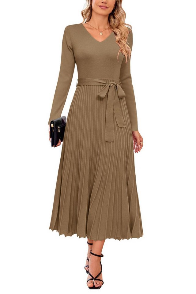 Arach&Cloz Strickkleid Damen Pulloverkleid Herbst Winterkleid Lang Plissee V-Ausschnitt Langarm Elegant Midi Kleider Winter – Bild 4 von 5
