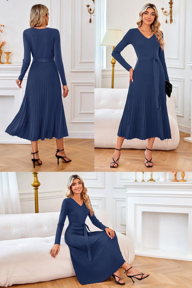 Arach&Cloz Strickkleid Damen Pulloverkleid Herbst Winterkleid Lang Plissee V-Ausschnitt Langarm Elegant Midi Kleider Winter – Bild 2 von 5