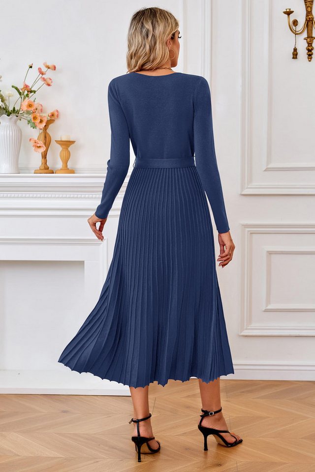 Arach&Cloz Strickkleid Damen Pulloverkleid Herbst Winterkleid Lang Plissee V-Ausschnitt Langarm Elegant Midi Kleider Winter – Bild 3 von 5