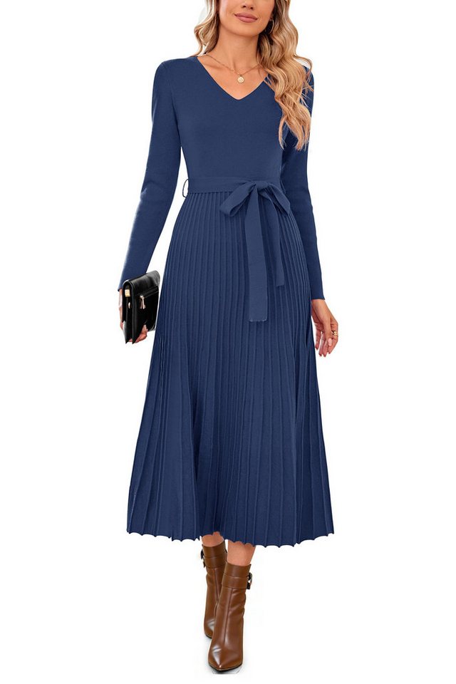 Arach&Cloz Strickkleid Damen Pulloverkleid Herbst Winterkleid Lang Plissee V-Ausschnitt Langarm Elegant Midi Kleider Winter – Bild 4 von 5