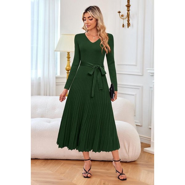 Arach&Cloz Strickkleid Damen Pulloverkleid Herbst Winterkleid Lang Plissee V-Ausschnitt Langarm Elegant Midi Kleider Winter