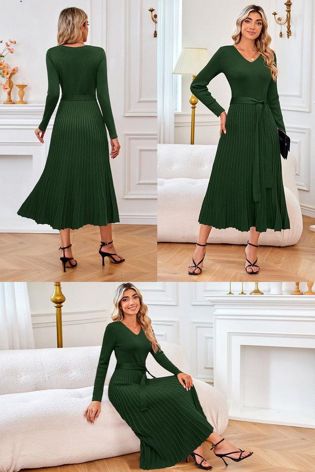 Arach&Cloz Strickkleid Damen Pulloverkleid Herbst Winterkleid Lang Plissee V-Ausschnitt Langarm Elegant Midi Kleider Winter – Bild 2 von 5