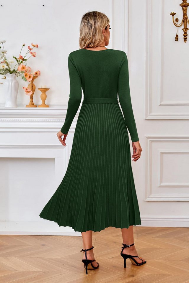 Arach&Cloz Strickkleid Damen Pulloverkleid Herbst Winterkleid Lang Plissee V-Ausschnitt Langarm Elegant Midi Kleider Winter – Bild 3 von 5