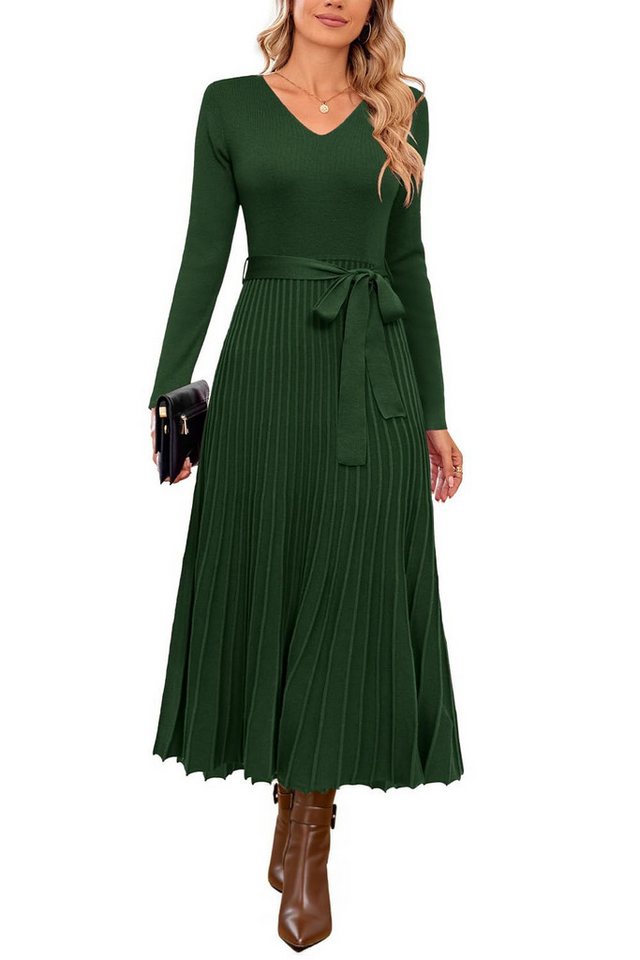 Arach&Cloz Strickkleid Damen Pulloverkleid Herbst Winterkleid Lang Plissee V-Ausschnitt Langarm Elegant Midi Kleider Winter – Bild 4 von 5