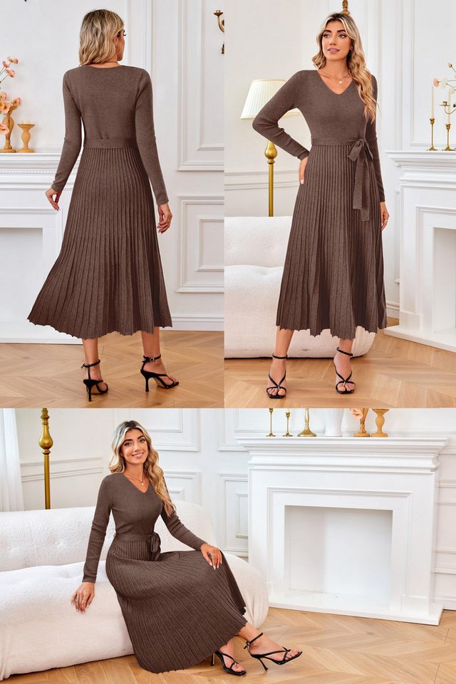 Arach&Cloz Strickkleid Damen Pulloverkleid Herbst Winterkleid Lang Plissee V-Ausschnitt Langarm Elegant Midi Kleider Winter – Bild 2 von 5