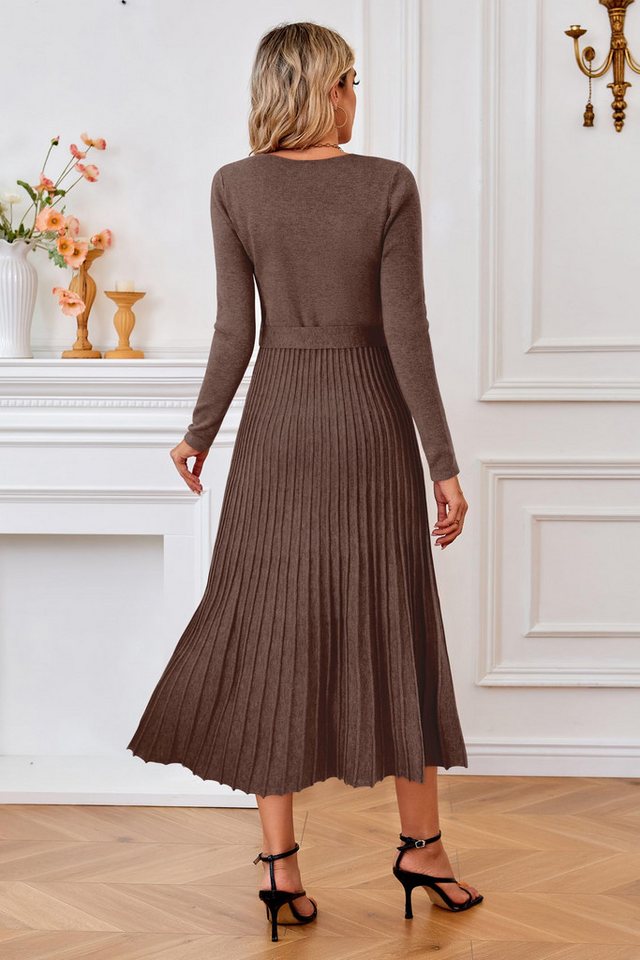 Arach&Cloz Strickkleid Damen Pulloverkleid Herbst Winterkleid Lang Plissee V-Ausschnitt Langarm Elegant Midi Kleider Winter – Bild 3 von 5