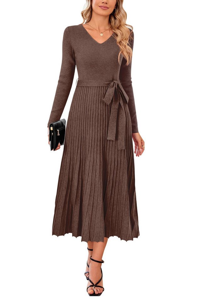 Arach&Cloz Strickkleid Damen Pulloverkleid Herbst Winterkleid Lang Plissee V-Ausschnitt Langarm Elegant Midi Kleider Winter – Bild 4 von 5