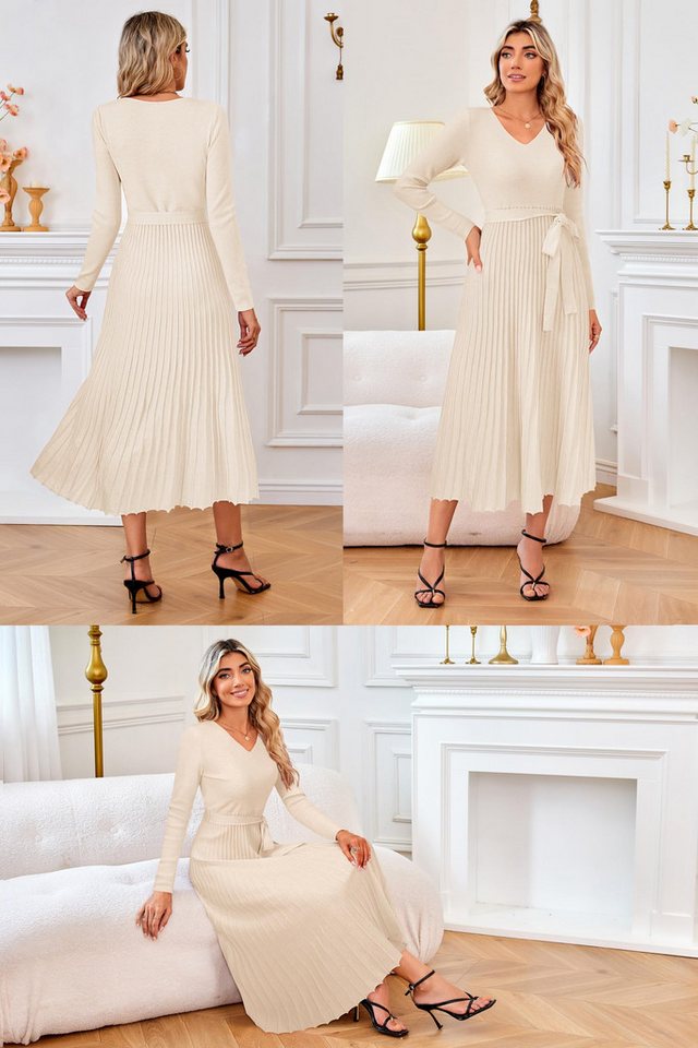 Arach&Cloz Strickkleid Damen Pulloverkleid Herbst Winterkleid Lang Plissee V-Ausschnitt Langarm Elegant Midi Kleider Winter – Bild 2 von 5