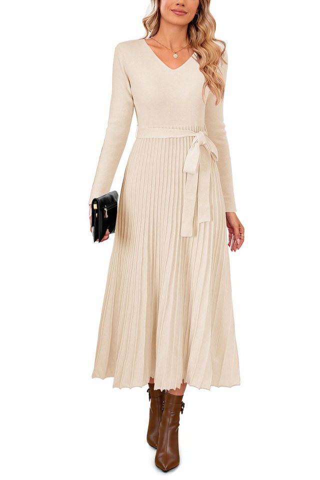 Arach&Cloz Strickkleid Damen Pulloverkleid Herbst Winterkleid Lang Plissee V-Ausschnitt Langarm Elegant Midi Kleider Winter – Bild 4 von 5