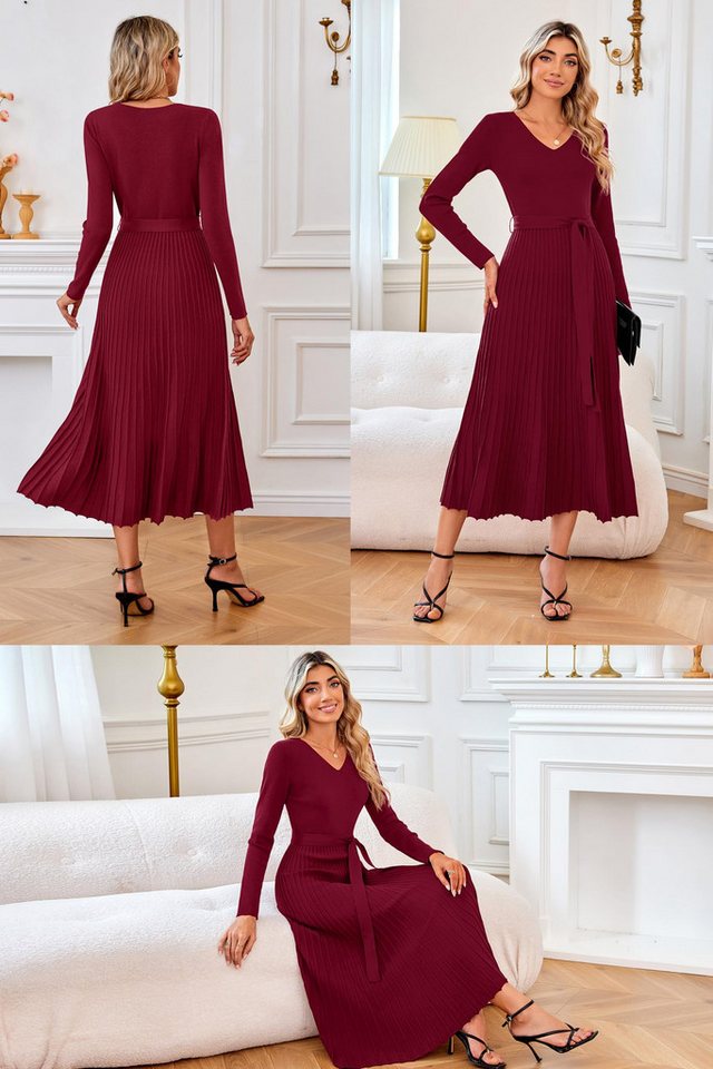 Arach&Cloz Strickkleid Damen Pulloverkleid Herbst Winterkleid Lang Plissee V-Ausschnitt Langarm Elegant Midi Kleider Winter – Bild 2 von 5