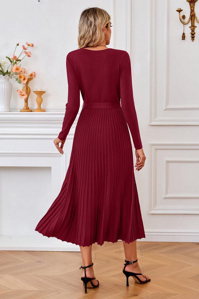 Arach&Cloz Strickkleid Damen Pulloverkleid Herbst Winterkleid Lang Plissee V-Ausschnitt Langarm Elegant Midi Kleider Winter – Bild 3 von 5