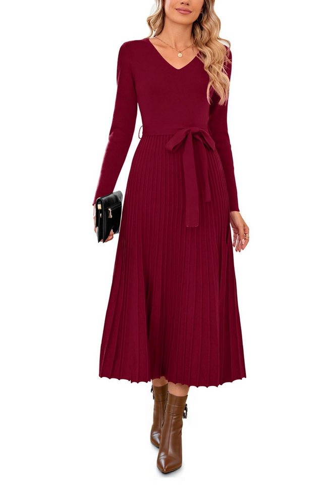 Arach&Cloz Strickkleid Damen Pulloverkleid Herbst Winterkleid Lang Plissee V-Ausschnitt Langarm Elegant Midi Kleider Winter – Bild 4 von 5