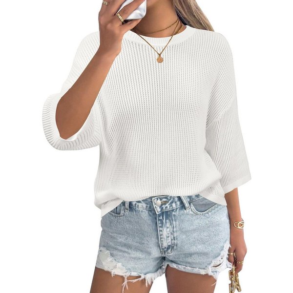 Arach&Cloz Strickpullover Damen 3/4-Arm Strickpullover, Ajour Bigshirt Bluse aus 100% Baumwolle Lässiges Sommer Oberteil mit Häkeldetails