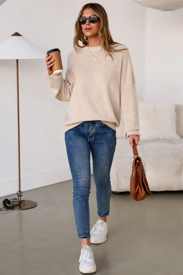 Arach&Cloz Strickpullover Damen Pullover Langarm Wolle Blend Rundhalsausschnitt Strickpullover Oversized Oberteile Strick Tops – Bild 4 von 5
