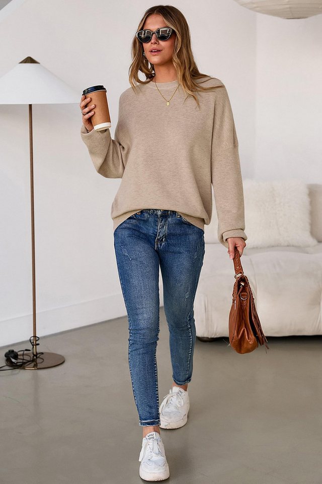 Arach&Cloz Strickpullover Damen Pullover Langarm Wolle Blend Rundhalsausschnitt Strickpullover Oversized Oberteile Strick Tops – Bild 4 von 5