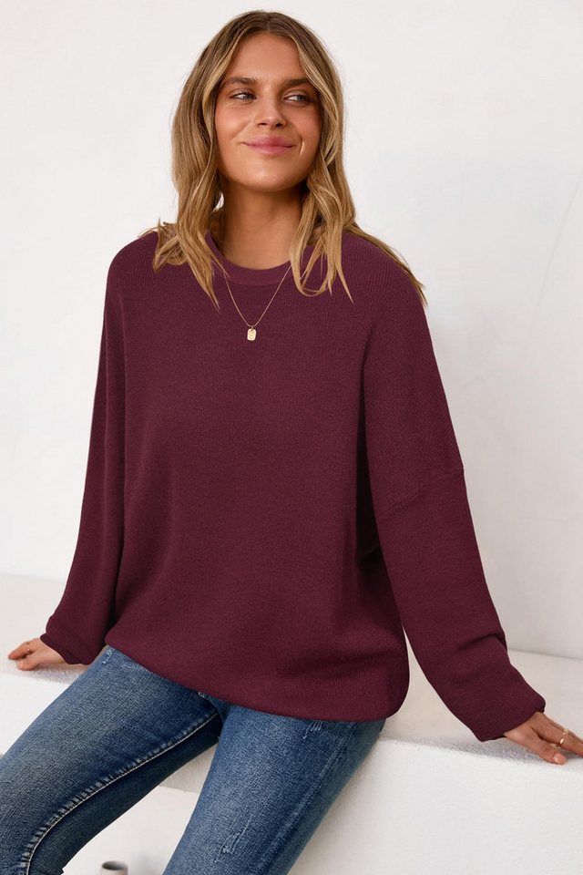 Arach&Cloz Strickpullover Damen Pullover Langarm Wolle Blend Rundhalsausschnitt Strickpullover Oversized Oberteile Strick Tops – Bild 2 von 5