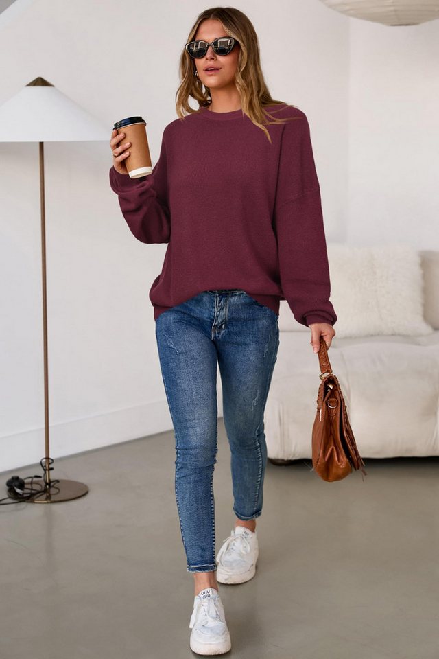 Arach&Cloz Strickpullover Damen Pullover Langarm Wolle Blend Rundhalsausschnitt Strickpullover Oversized Oberteile Strick Tops – Bild 4 von 5