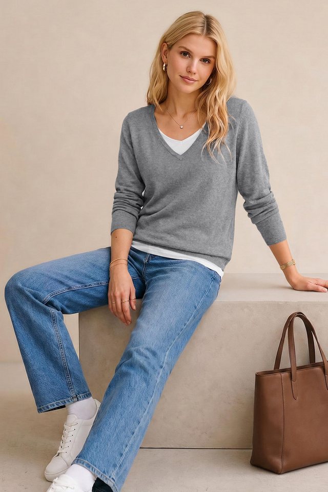 Arach&Cloz Strickpullover Damen Strickpullover Lagenlook V-Ausschnitt pillresistenter Pullover Patchwork, pillresistent, 2-in-1 Layerlook, atmungsaktiv, weich – Bild 5 von 5