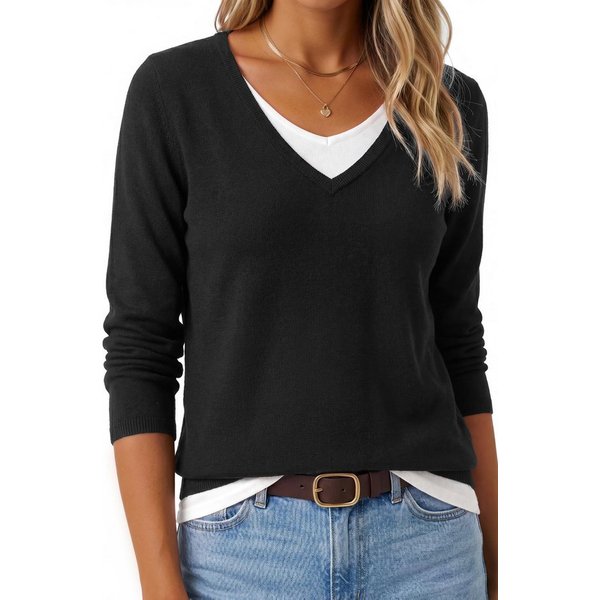 Arach&Cloz Strickpullover Damen Strickpullover Lagenlook V-Ausschnitt pillresistenter Pullover Patchwork, pillresistent, 2-in-1 Layerlook, atmungsaktiv, weich