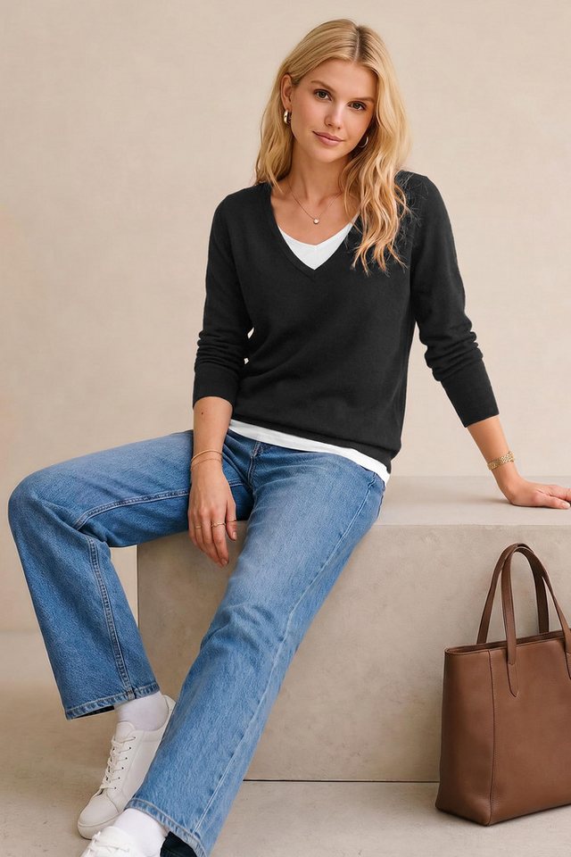 Arach&Cloz Strickpullover Damen Strickpullover Lagenlook V-Ausschnitt pillresistenter Pullover Patchwork, pillresistent, 2-in-1 Layerlook, atmungsaktiv, weich – Bild 5 von 5