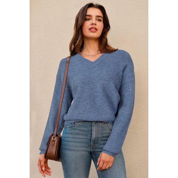 Arach&Cloz V-Ausschnitt-Pullover Damen-Pullover aus Wollmischung, Langärmliger Strickpullover Basic Sweater Leicht Locker Strickpulli Herbst Winter Warm