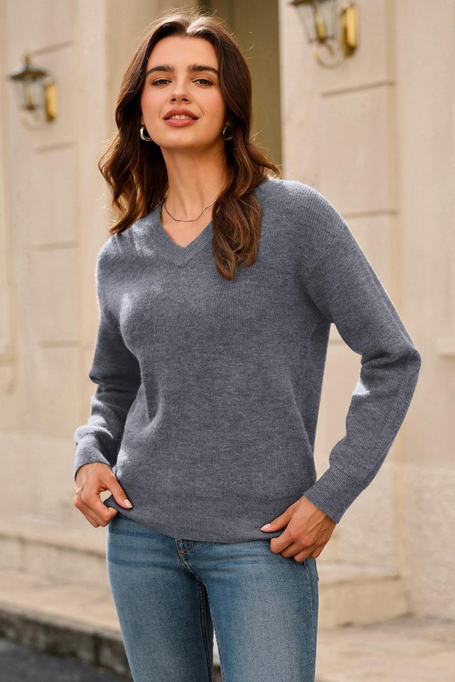 Arach&Cloz V-Ausschnitt-Pullover Damen-Pullover aus Wollmischung, Langärmliger Strickpullover Basic Sweater Leicht Locker Strickpulli Herbst Winter Warm – Bild 2 von 5