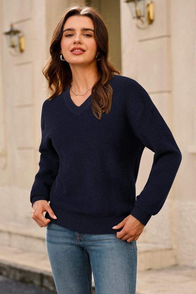 Arach&Cloz V-Ausschnitt-Pullover Damen-Pullover aus Wollmischung, Langärmliger Strickpullover Basic Sweater Leicht Locker Strickpulli Herbst Winter Warm – Bild 2 von 5