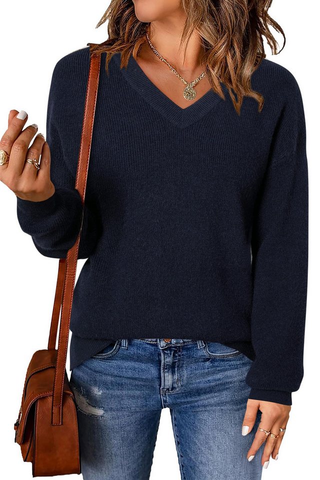 Arach&Cloz V-Ausschnitt-Pullover Damen-Pullover aus Wollmischung, Langärmliger Strickpullover Basic Sweater Leicht Locker Strickpulli Herbst Winter Warm – Bild 5 von 5