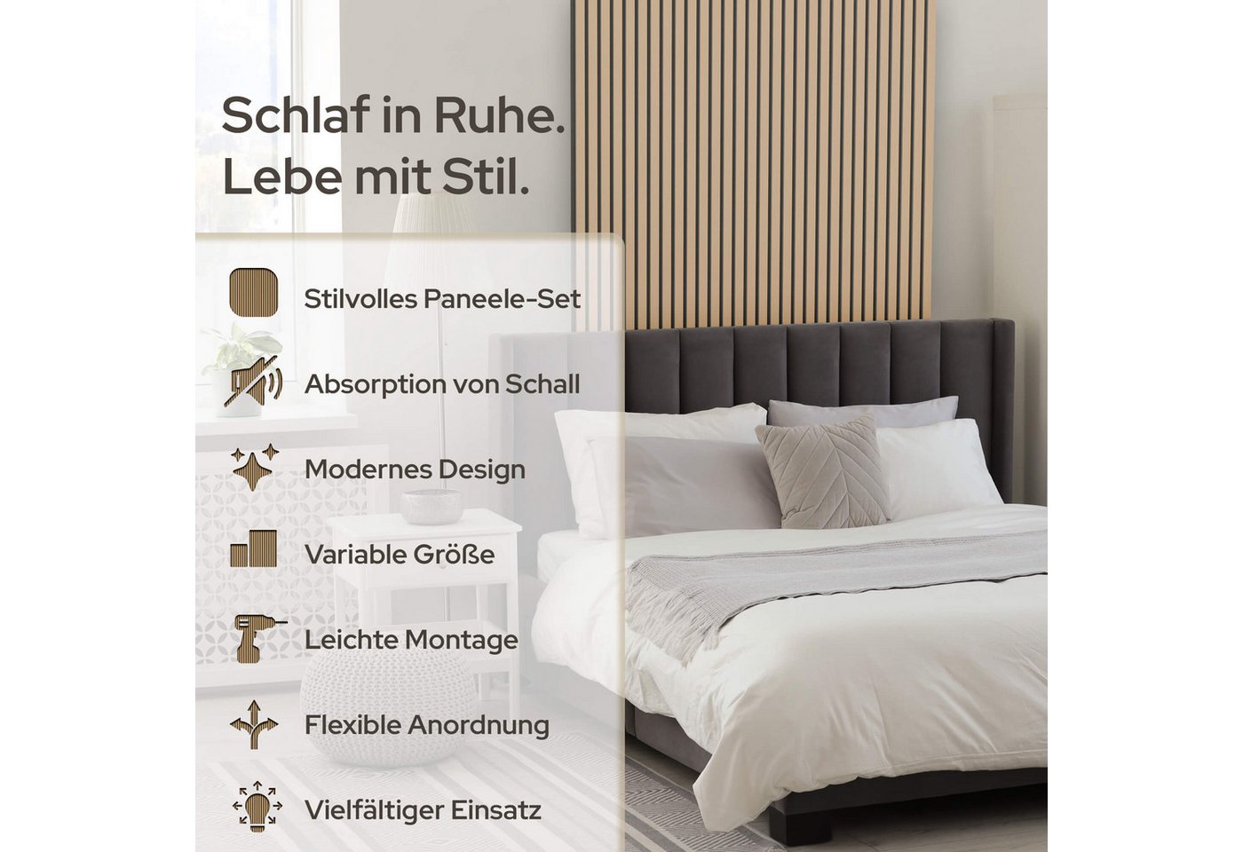 Arebos Akustikplatte Zuschneidbar, Einfache Montage, 2 Farben, (Set), Schallabsorption, Ayous-Echtholzfurnier, Einfache Montage – Bild 3 von 5