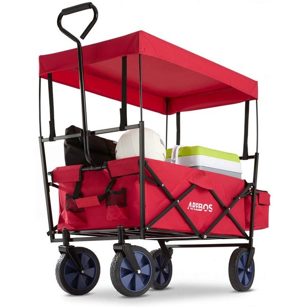 Arebos Bollerwagen ECO faltbar mit Dach, 70 kg Tragkraft für Garten, Camping & Ausflüge (Rot), Maße 117 x 55 x 125 cm