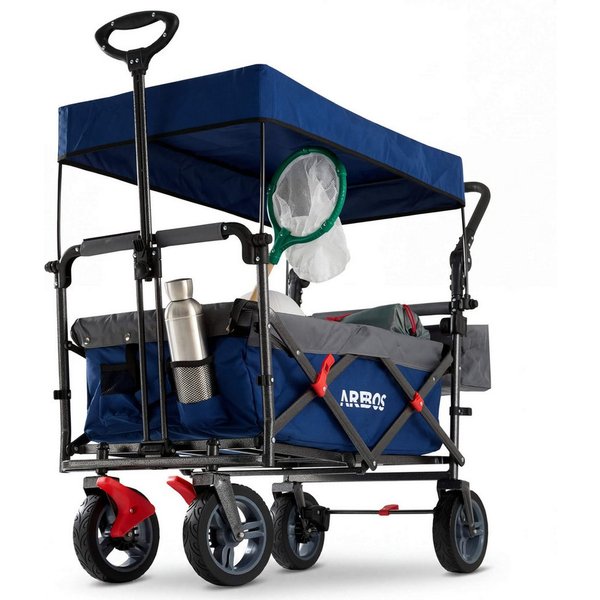 Arebos Bollerwagen mit Dach Premium, Handwagen Transportkarre 100 kg tragekraft, Vorder- und Hinter-Bremse