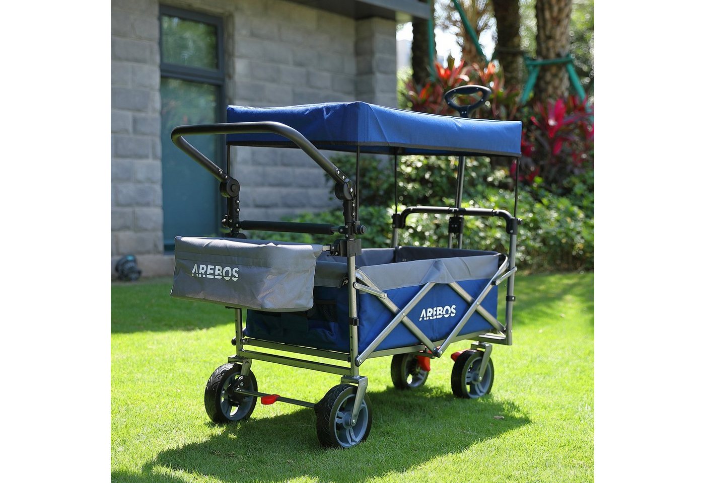 Arebos Bollerwagen mit Dach Premium, Handwagen Transportkarre 100 kg tragekraft, Vorder- und Hinter-Bremse – Bild 2 von 5