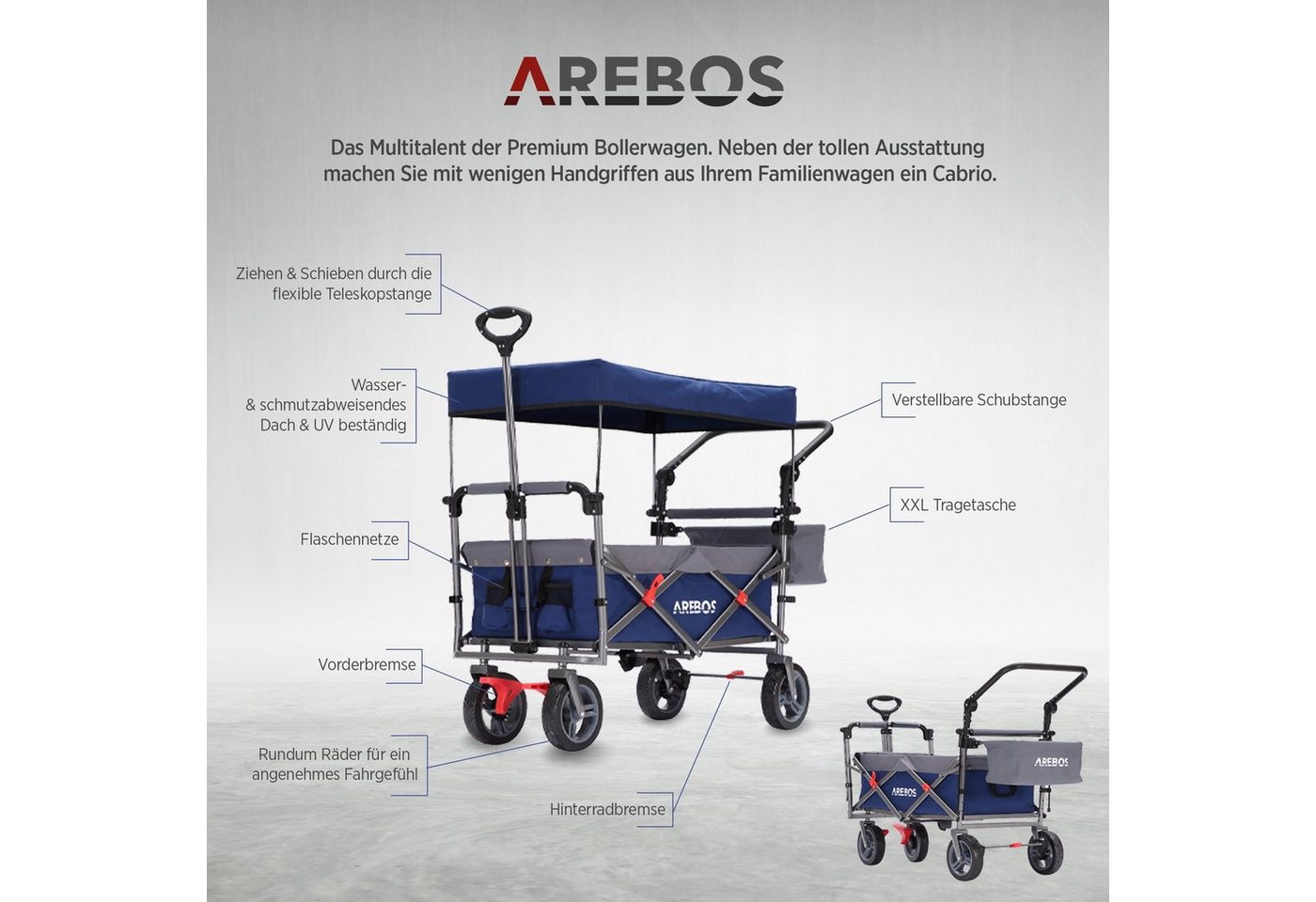 Arebos Bollerwagen mit Dach Premium, Handwagen Transportkarre 100 kg tragekraft, Vorder- und Hinter-Bremse – Bild 3 von 5