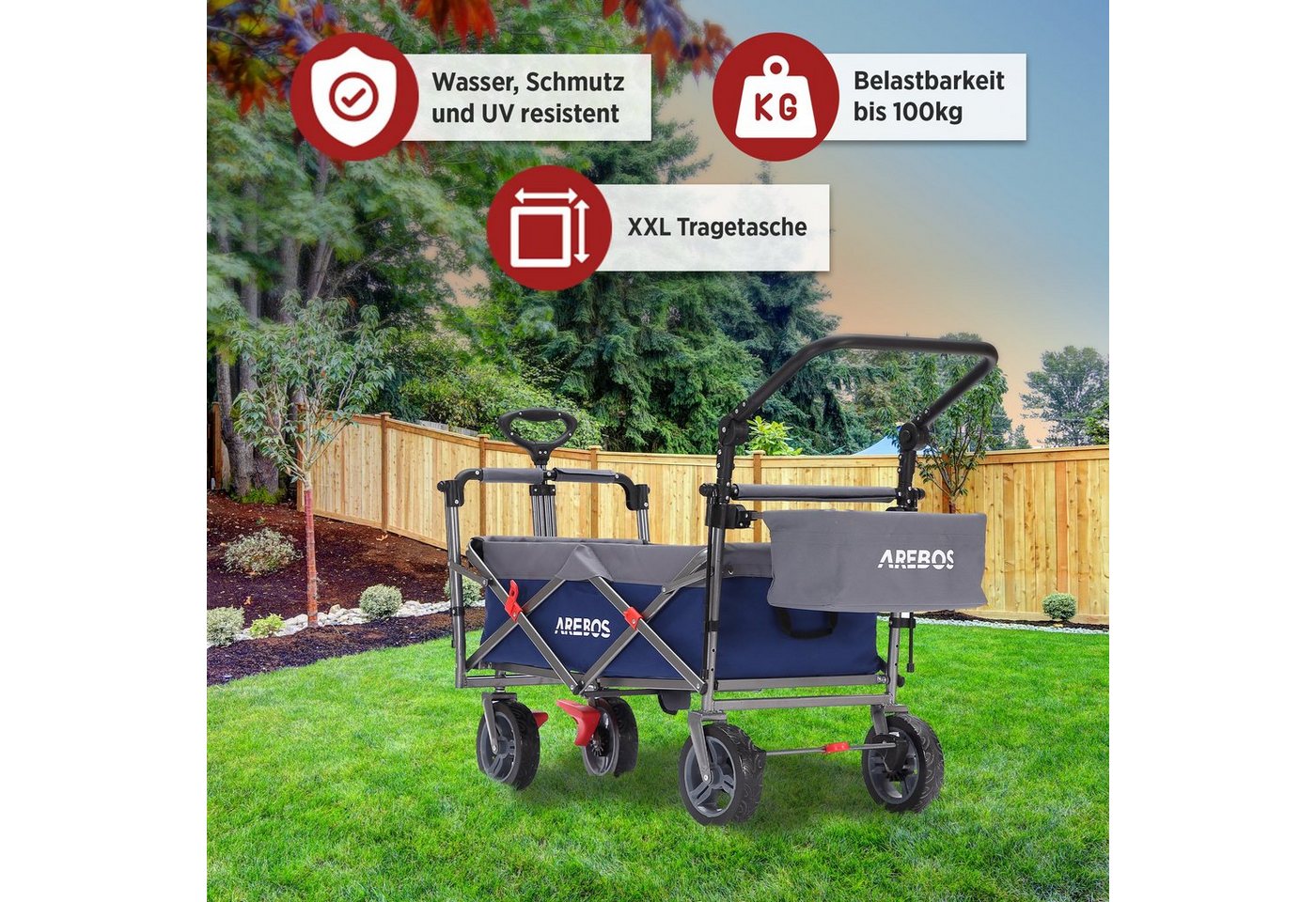 Arebos Bollerwagen mit Dach Premium, Handwagen Transportkarre 100 kg tragekraft, Vorder- und Hinter-Bremse – Bild 4 von 5