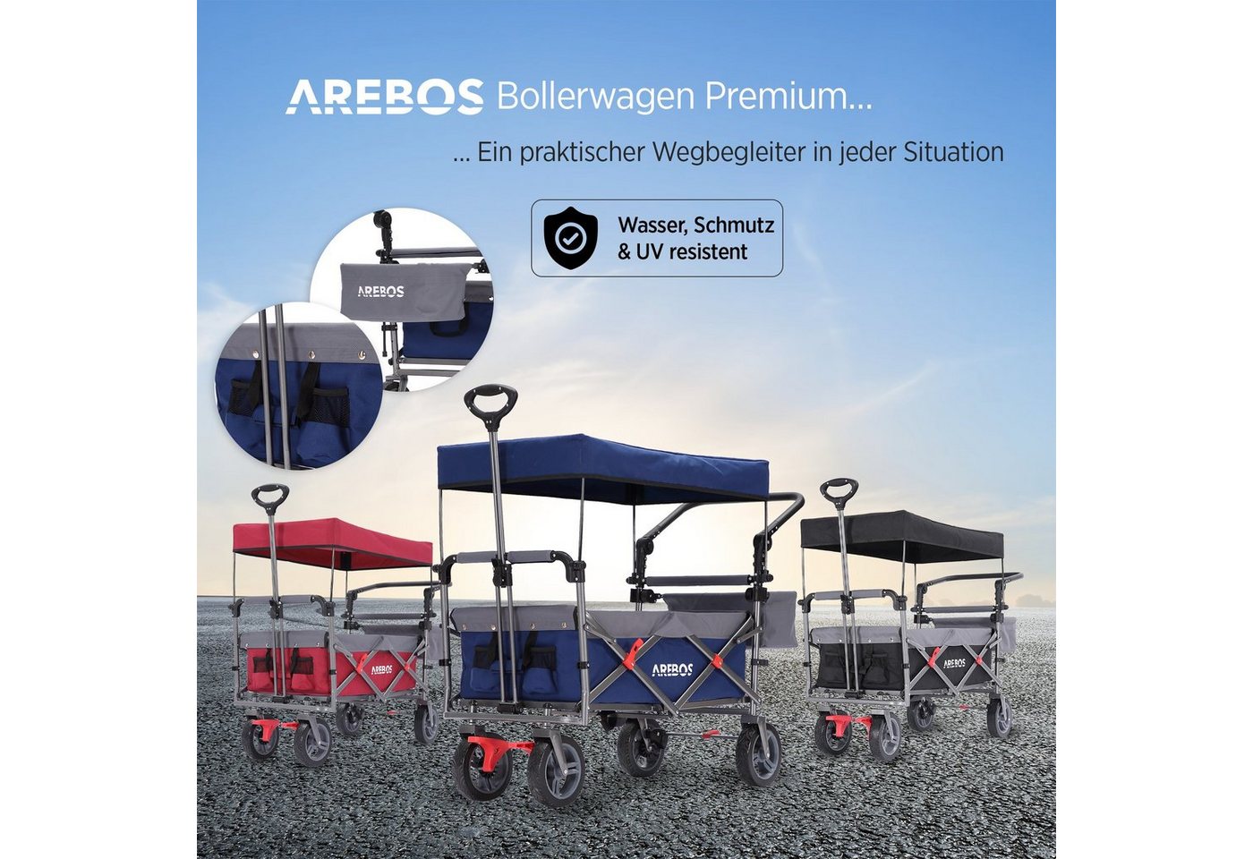 Arebos Bollerwagen mit Dach Premium, Handwagen Transportkarre 100 kg tragekraft, Vorder- und Hinter-Bremse – Bild 5 von 5