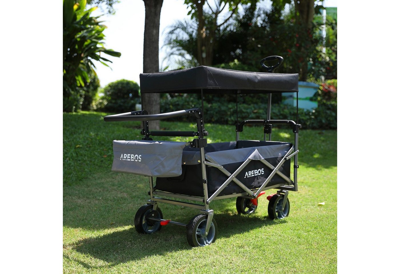 Arebos Bollerwagen mit Dach Premium, Handwagen Transportkarre 100 kg tragekraft, Vorder- und Hinter-Bremse – Bild 2 von 5