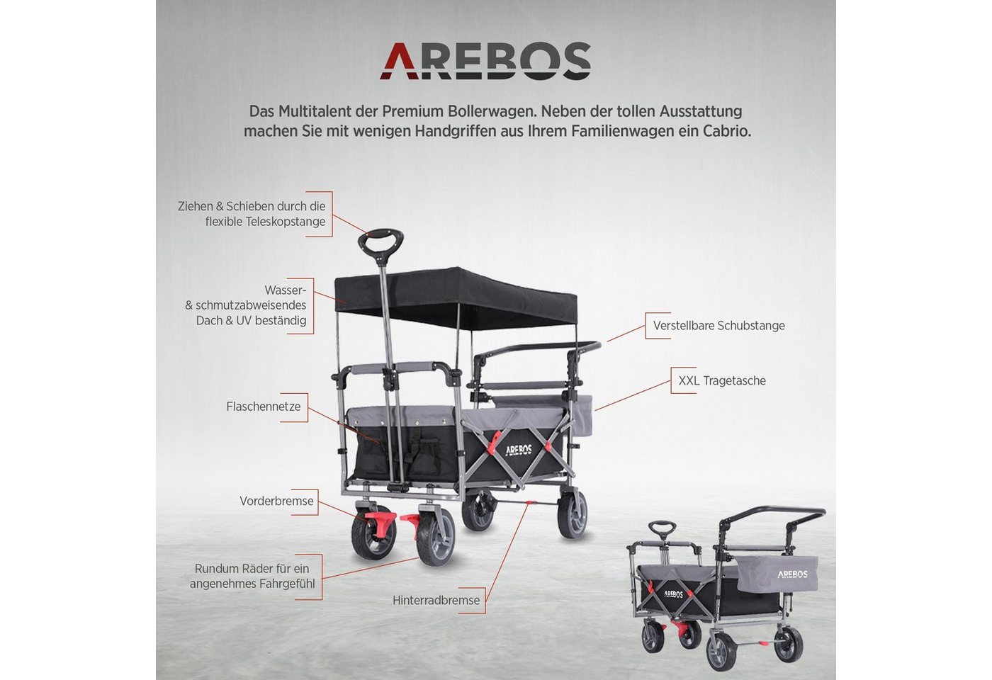 Arebos Bollerwagen mit Dach Premium, Handwagen Transportkarre 100 kg tragekraft, Vorder- und Hinter-Bremse – Bild 3 von 5